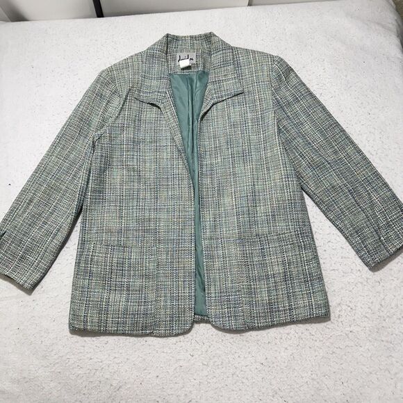 David N. Women's 8 Pure Silk Blazer Jacket Open Front Tweed Green Striped Coat - Picture 1 of 12